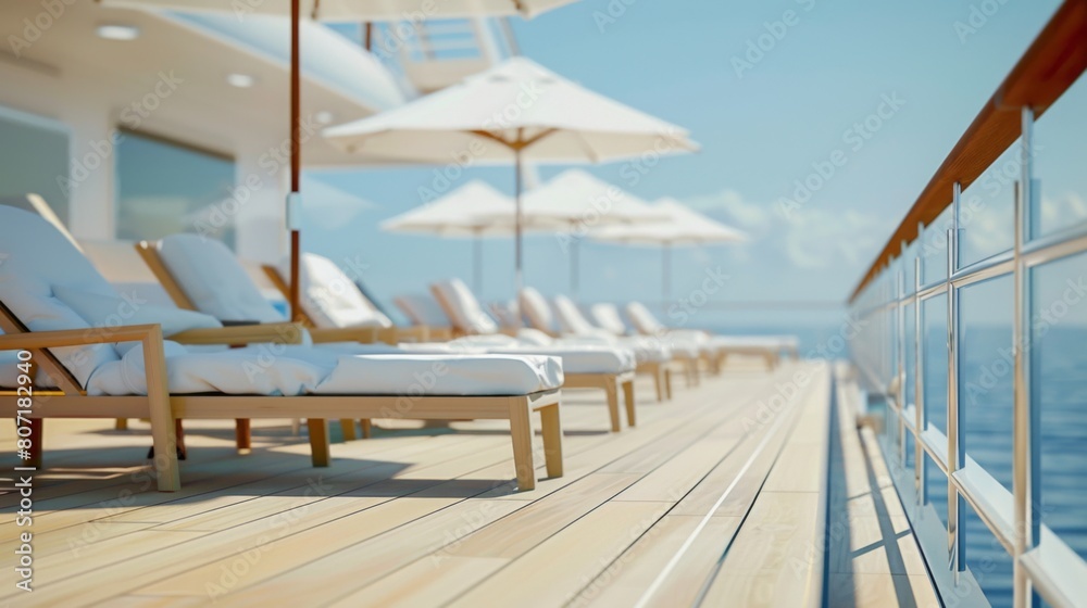 Close-up of a modern cruise ship deck with sun loungers and umbrellas, inviting passengers to relax and enjoy panoramic views of the ocean. Close-up of a modern cruise ship deck with sun loungers and umbrellas, inviting passengers to relax and enjoy panoramic views of the ocean.