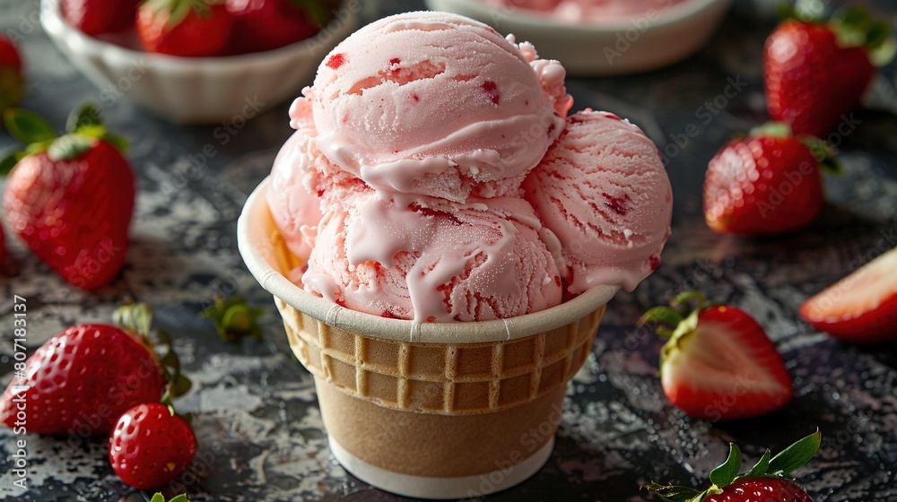 A close-up of an ice cream cone with strawberries on a nearby table A close-up of an ice cream cone with strawberries on a nearby table