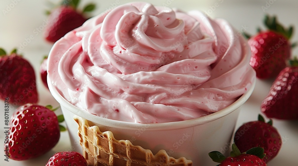 A close-up of a cup filled with creamy ice cream topped with juicy strawberries placed on a table nearby A close-up of a cup filled with creamy ice cream topped with juicy strawberries placed on a table nearby