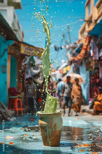 Vibrant Lassi Pouring A Playful StopMotion Sequence in a Bustling Indian Market photo