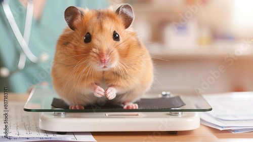 Macro view of a hamster on a veterinary scale, detail on its curious face, with medical charts in the soft background and copy space