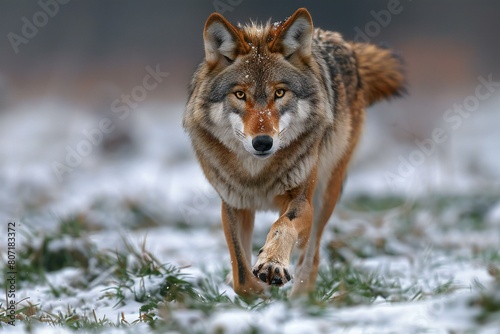 Grey wolf  Canis lupus  running in winter forest