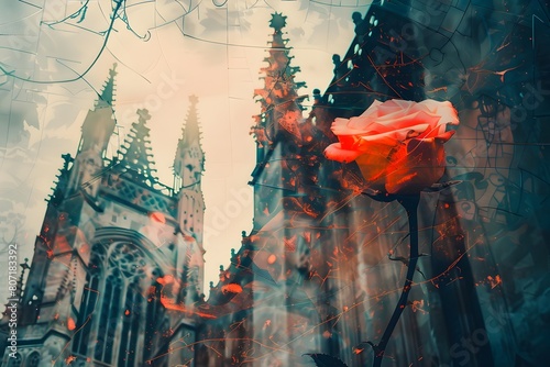 Fiery Rose Superimposed on Crumbling Gothic Architecture A Haunting Double Exposure Wallpaper photo
