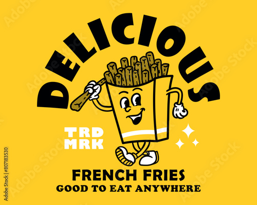 Groovy funky vector of french fries mascot illustration cartoon style, retro and trendy graphic design for fashion wear, street wear, clothing line, apparel and urban style t shirt design, etc.