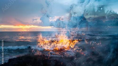 Powerful Fusion of Flames and Ocean Tranquility in Double Exposure
