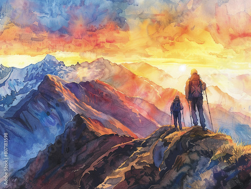 Adventure travel in the rugged Andes, hikers at sunrise on a high mountain pass, capturing the thrill and beauty of high-altitude trekkingwatercolor illustrations © elbanco
