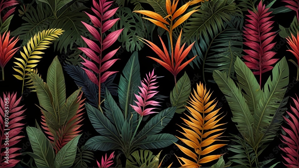 seamless tropical floral pattern on black background	