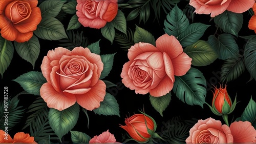 seamless floral pattern of roses on black background 