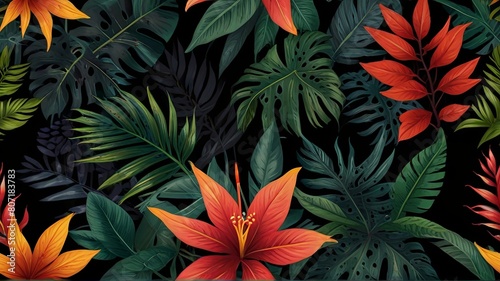 seamless tropical floral pattern on black background 