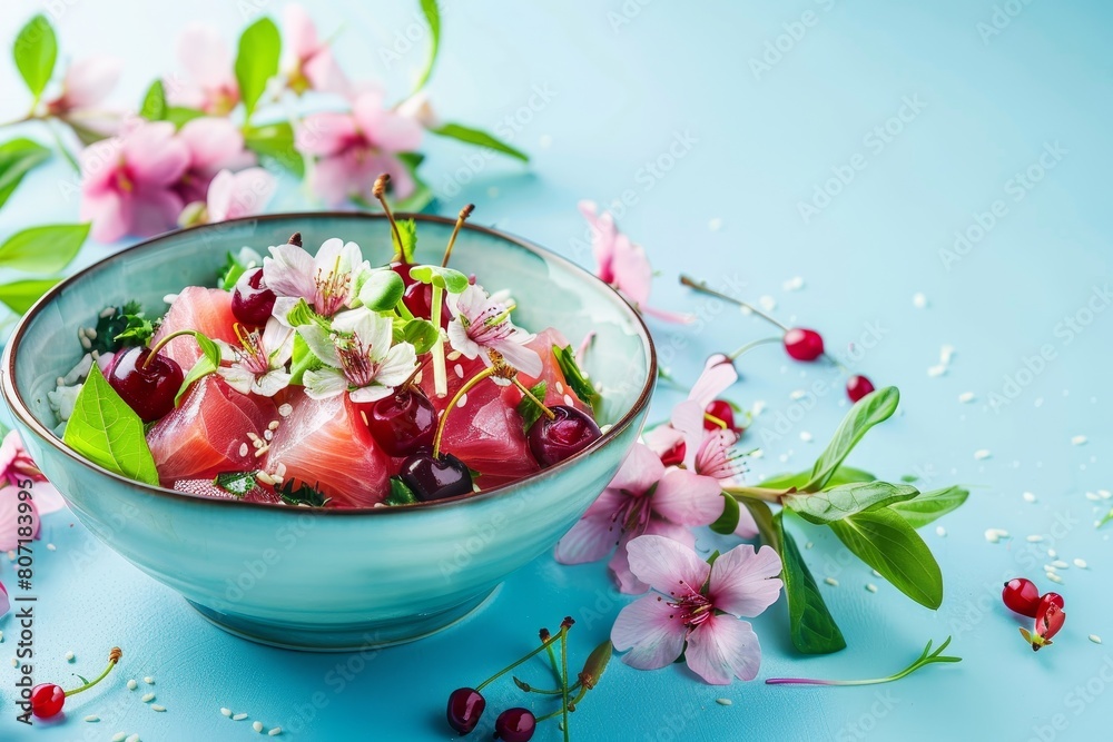 Tuna ceviche with cherry and wakame seaweed flowers light blue background Side view space for text Tuna ceviche with cherry and wakame seaweed flowers light blue background Side view space for text