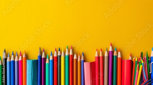 Vibrant back to school background with colorful pencils, books, and stationery arranged in a creative composition, school, education, creativity, stationer