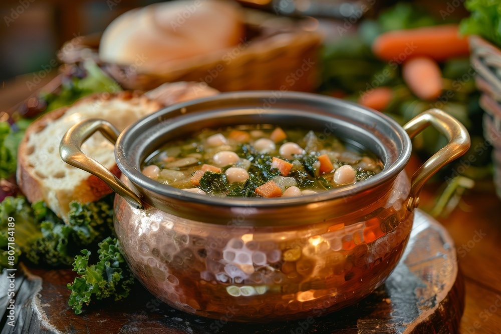 Tuscan winter soup with varied veggies beans kale and bread in copper pot Tuscan winter soup with varied veggies beans kale and bread in copper pot
