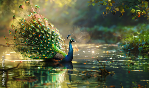 A vibrant peacock spreads its iridescent tail feathers against a snowy backdrop. Generate AI © VinaAmeliaGRPHIC
