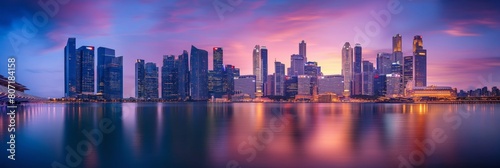 This breathtaking image captures the vibrant colors of sunset reflecting off both the serene waters and the magnificent Singapore skyline It's a perfect fusion of nature and urban beauty