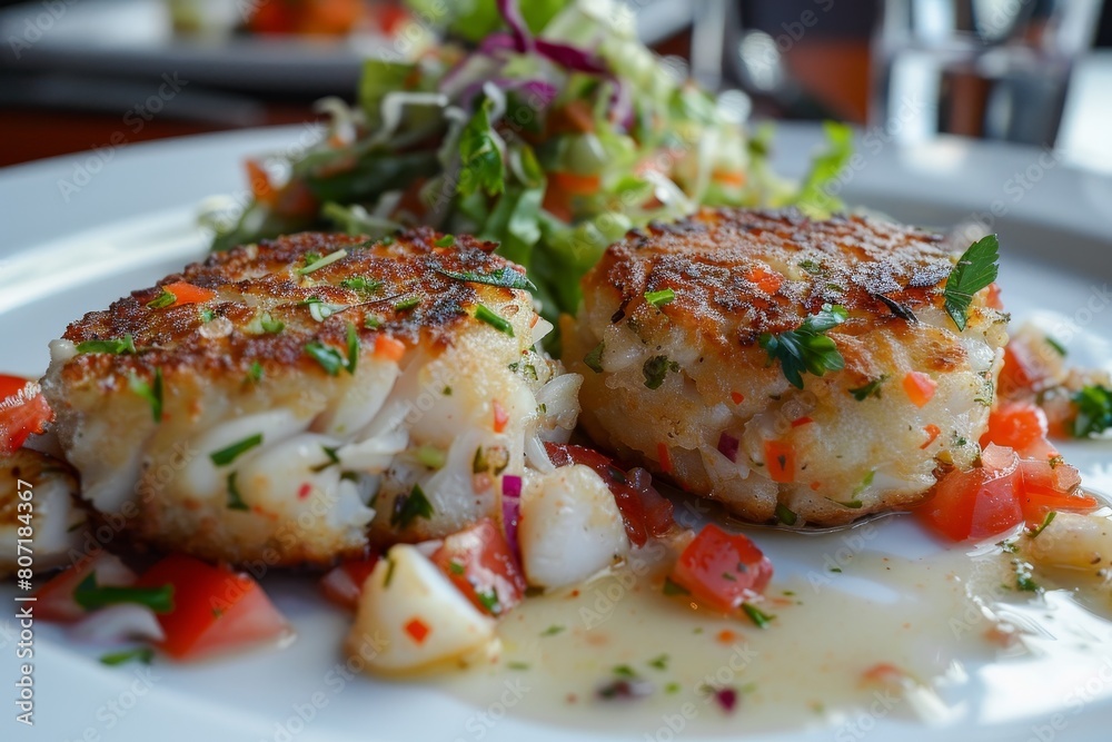 Two crab cakes with scallops and crab salad Two crab cakes with scallops and crab salad