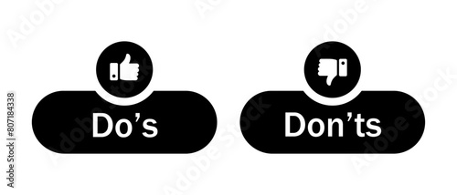 Do's and don'ts button icon with like and dislike symbol in black color. Do's and Don'ts buttons with thumbs up and thumbs down symbols. Check box icon with thumbs up and down sign. Vector photo