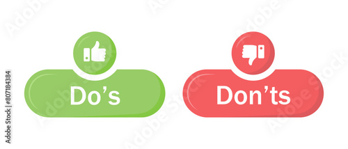 Do's and don'ts button icon with like and dislike symbol in green and red color. Do's and Don'ts buttons with thumbs up and thumbs down symbols. Check box icon with thumbs up and down sign. Vector