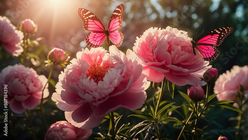 Pink peonies in the garden with butterflies