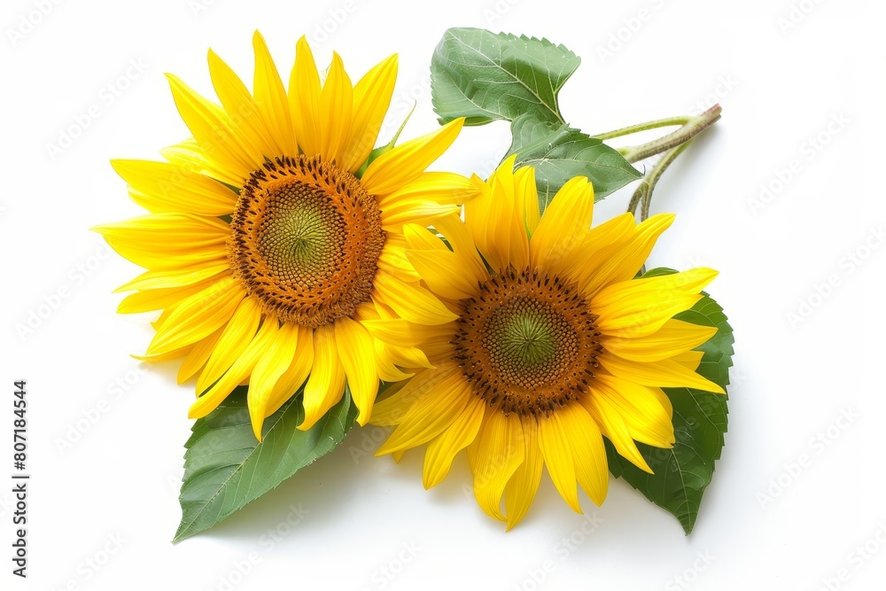 Two isolated sunflowers symbolizing the sun yellow in color Representing agriculture with seeds and oil A flat lay image from a top view perspective Two isolated sunflowers symbolizing the sun yellow in color Representing agriculture with seeds and oil A flat lay image from a top view perspective