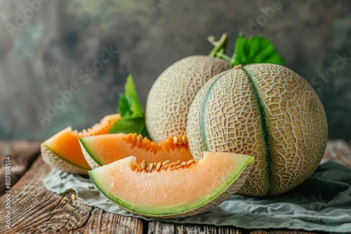 Two melons on wooden table popular in summer photo