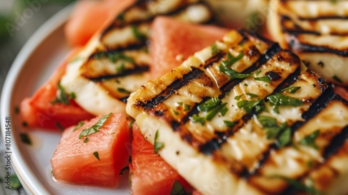 Close-up of a plate of grilled halloumi cheese served with watermelon slices, a refreshing and delicious appetizer from the Middle East. photo