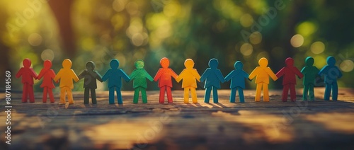 Paper figures representing the LGBT community stand aligned on a wooden surface, with a background intentionally blurred. The image conveys a sense of community and inclusivity, with room for addition photo