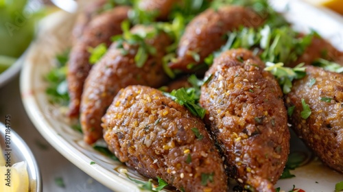 Close-up of a plate of kibbeh, a Middle Eastern dish made with spiced ground meat and bulgur wheat, fried to crispy perfection.