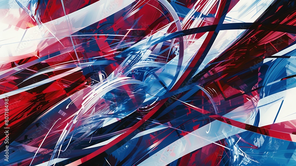 A dynamic and vibrant red, blue, and white mix background, featuring intersecting lines and shapes that create a sense of movement and energy.