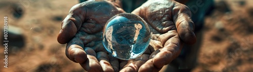 Macro shot of weathered hands capturing a large water drop, with the reflection of a parched desert, suitable for dramatic climate change awareness posters photo