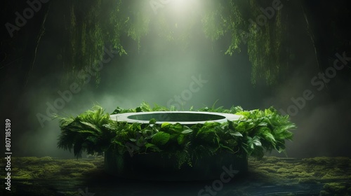 A large green wreath is placed on top of a stone basin photo