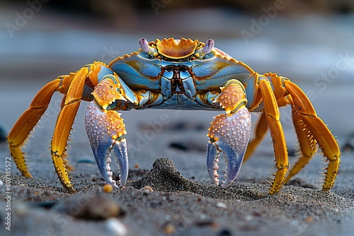 Closeup of a blue and yellow striped crab on the beach