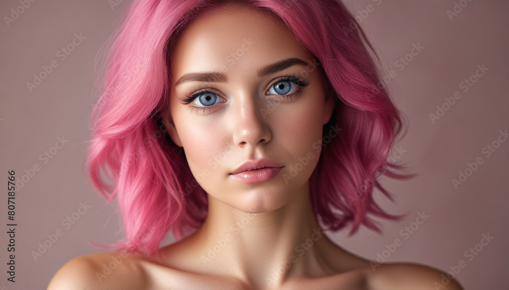 Woman with perfect skin closeup. Young woman with pink hair and blue eyes close-up. Beauty care. Natural light. Light pink background. Portrait, beauty, face, care, natural, glow, flawless Woman with perfect skin closeup. Young woman with pink hair and blue eyes close-up. Beauty care. Natural light. Light pink background. Portrait, beauty, face, care, natural, glow, flawless