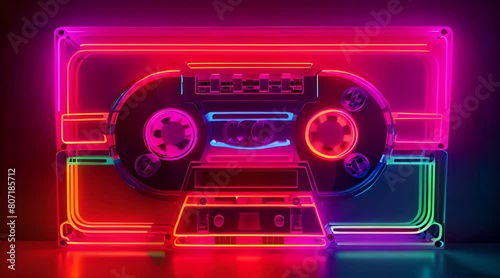 Neon cassette. Nostalgia of the 90s. Audio cassette for listening to music.	