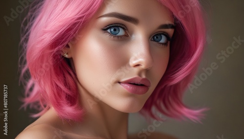 Woman with perfect skin closeup. Young woman with pink hair and blue eyes close-up. Beauty care. Natural light. Light pink background. Portrait  beauty  face  care  natural  glow  flawless