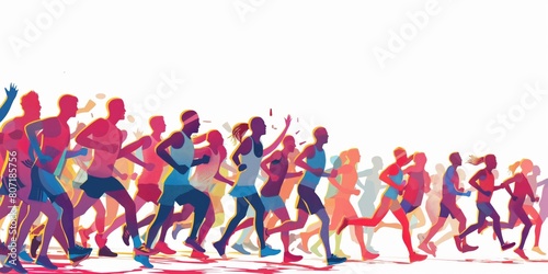 A vibrant, stylized illustration of a marathon with a diverse group of runners in dynamic motion
