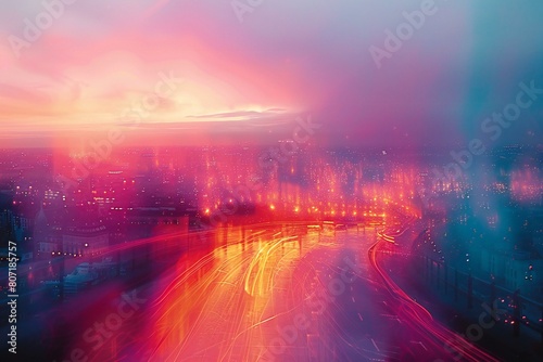 Highway and city at night with motion blur  abstract background