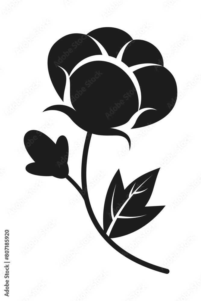 Obraz premium Organic ripe cotton sprout logo black silhouette with leaf and bud. Flat doodle style. Vector illustration.