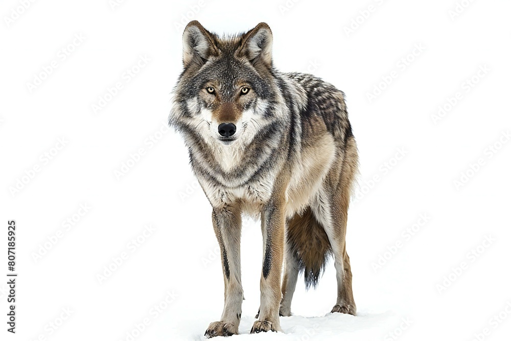 Grey wolf standing on snow isolated on white background, side view