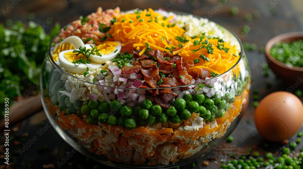Food illustration, seven-layer salad in a clear bowl with iceberg lettuce, shredded cheddar cheese, peas, chopped red onion, bacon bits, hard-boiled egg, and hot dressing. Food illustration, seven-layer salad in a clear bowl with iceberg lettuce, shredded cheddar cheese, peas, chopped red onion, bacon bits, hard-boiled egg, and hot dressing.