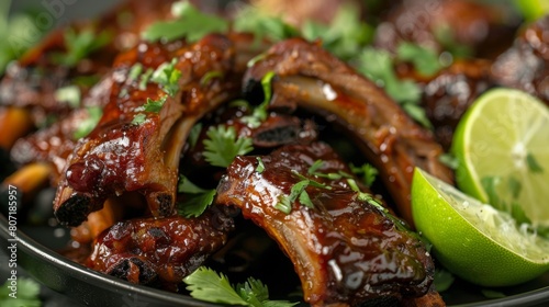 Close-up of a platter of sticky glazed pork ribs garnished with fresh herbs and lime wedges, tempting the palate with sweet and tangy flavors.