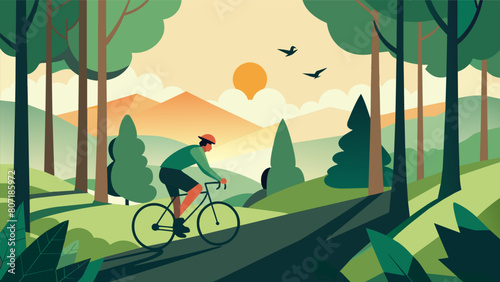 A solo rider pedaling through a peaceful forest the sunlight peeking through the tall trees and birds chirping in the background..