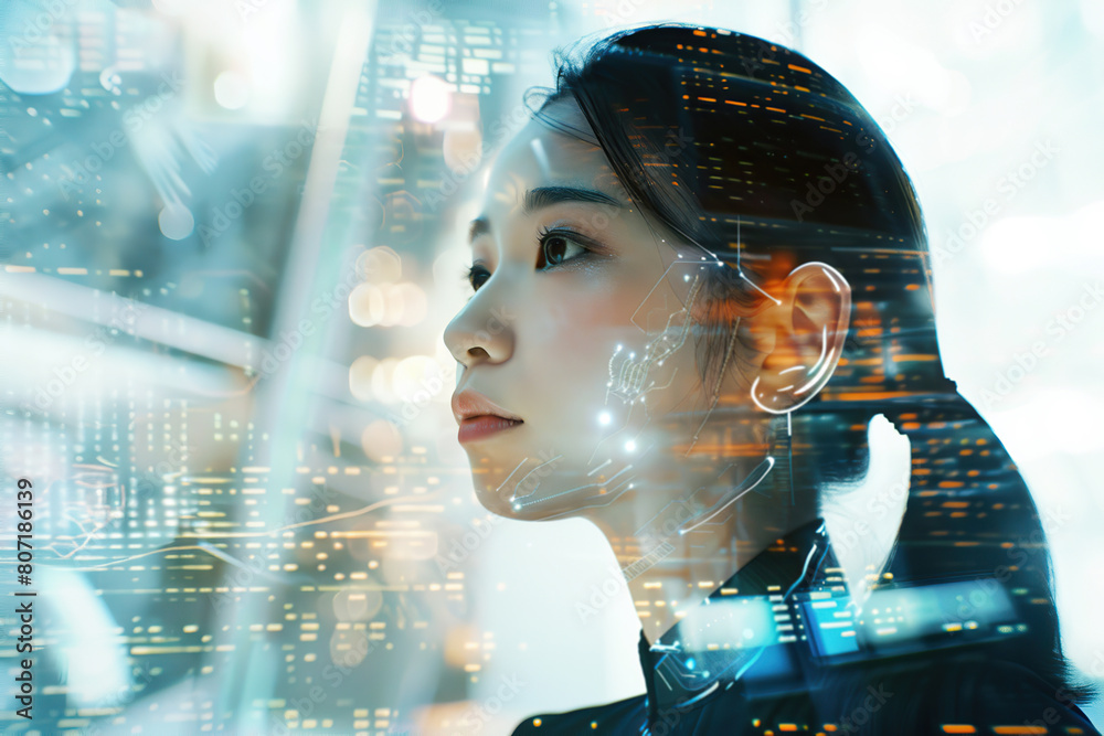 Futuristic portrait of Asian girl with glowing data visualization reflection of the screen. Woman In the network with line of code projected on her face. VR screen, AI Artificial Intelligence concept Futuristic portrait of Asian girl with glowing data visualization reflection of the screen. Woman In the network with line of code projected on her face. VR screen, AI Artificial Intelligence concept