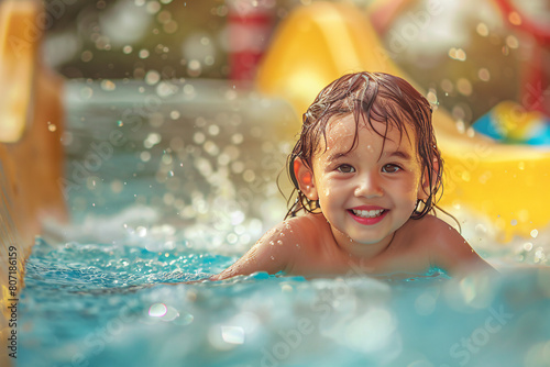 Happy kid on water slide inside water park