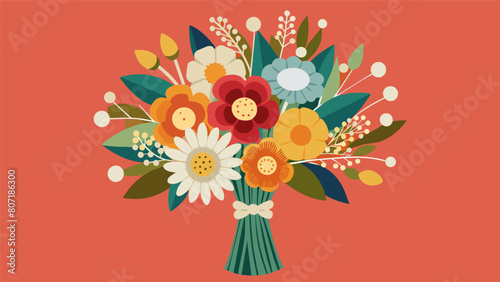 The brides bouquet features a mix of wildflowers and thrifted brooches creating a unique and budgetfriendly twist on a traditional floral arrangement.. Vector illustration