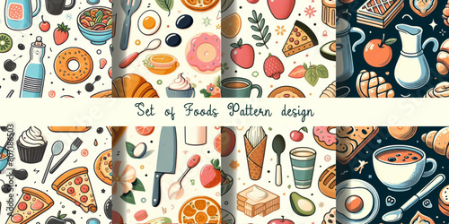 Seamless food fruit pattern texture background illustration.healthy vegetable carrot tomatoes cheese eatery doodle kitchen ingredient hot cooking fish drink menu wallpaper vector icon design