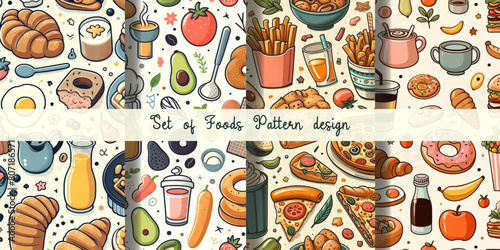 Seamless food fruit pattern texture background illustration.healthy vegetable carrot tomatoes cheese eatery doodle kitchen ingredient hot cooking fish drink menu wallpaper vector icon design