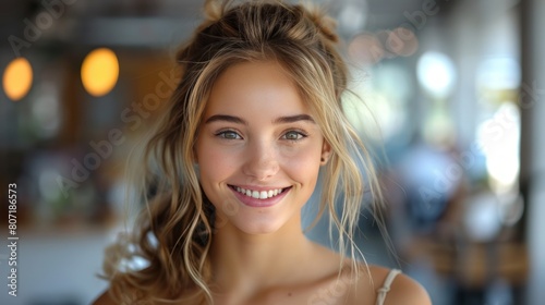 A smiling young woman in an office looking forward