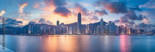 Hong Kong city's skyline stands out against a dramatic skyscape at dusk, highlighting urban expansion and beauty photo