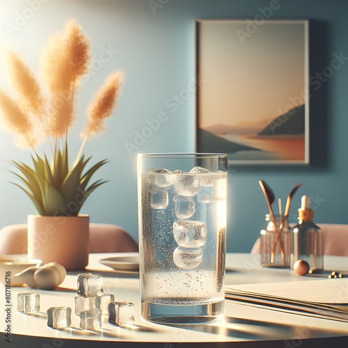 a glass of sparkling water on a table  photo