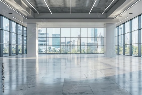 Empty business office with a large  open conference space  soft focus on the high ceilings and expansive windows in the background